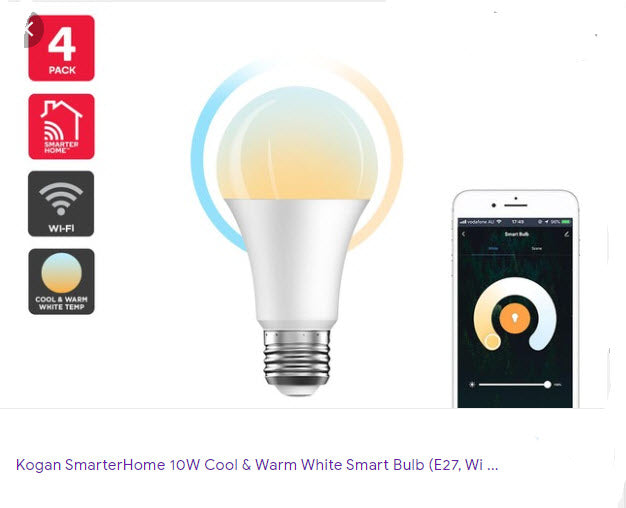 Kogan SmarterHome 10W Cool & Warm White Smart Bulb (E27, Wi-Fi) - 4 Pack
