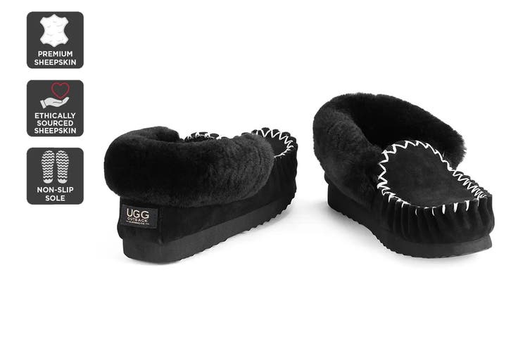 OUTBACK UGG MOCCASINS - PREMIUM SHEEPSKIN (BLACK SIZE 9M / 10W US)