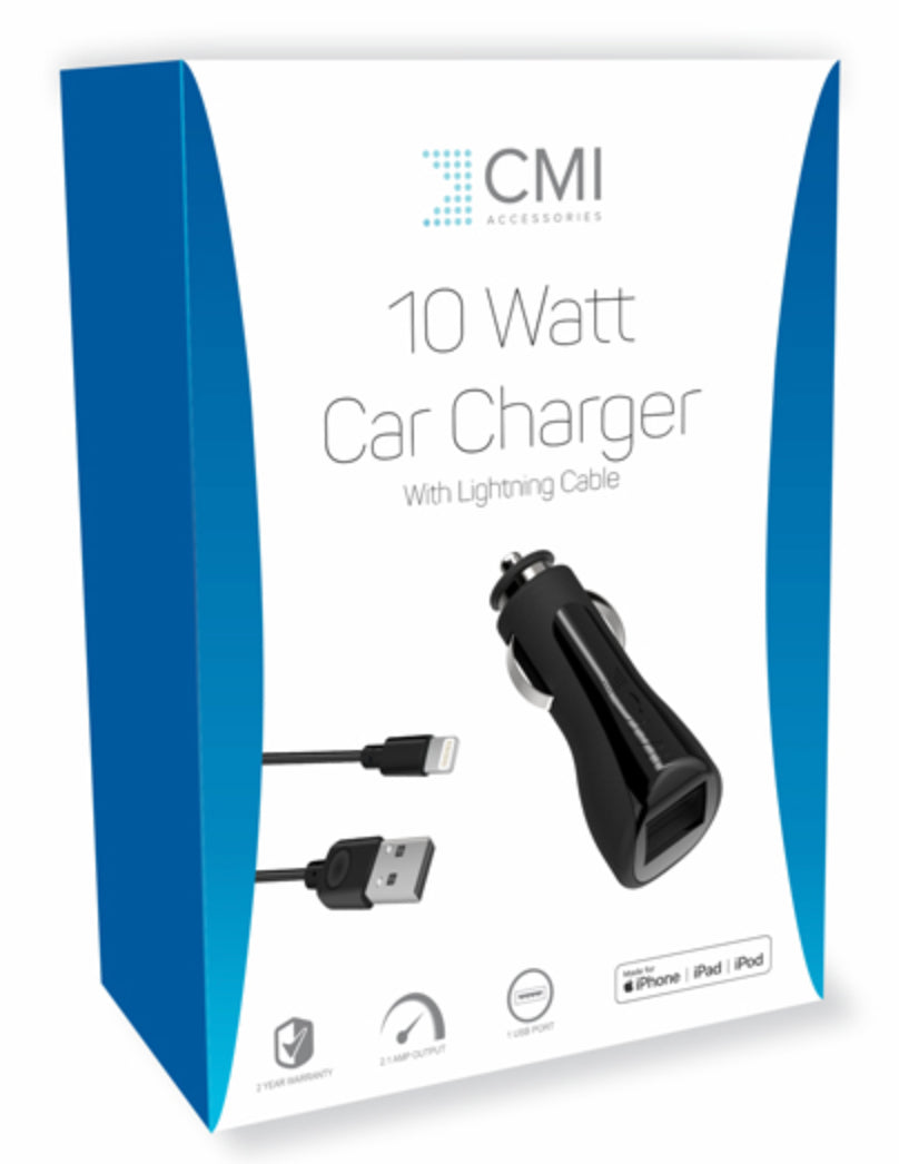 CMI USB In- Car Charger With Apple Lightning USB Charge & Lightning Cable