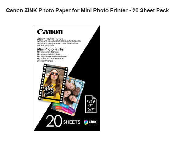 Canon ZINK Photo Paper for Mini Photo Printer - 20 Sheet Pack