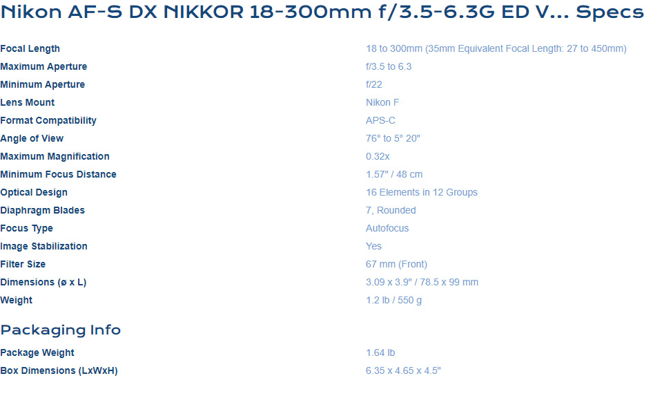 Nikon AF-S DX NIKKOR 18-300mm f/3.5-6.3G ED VR Lens