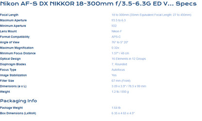 Nikon AF-S DX NIKKOR 18-300mm f/3.5-6.3G ED VR Lens
