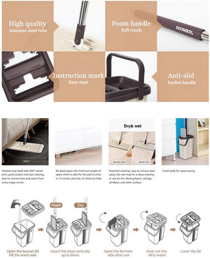 BOOMJOY F11 Microfiber Flat Mop with Bucket, Cleaning Squeeze Hand Free Floor Mop, Stainless Steel H