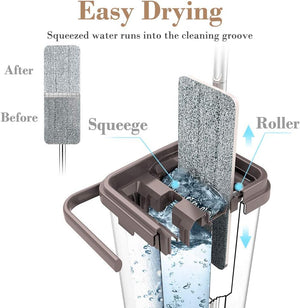 BOOMJOY F11 Microfiber Flat Mop with Bucket, Cleaning Squeeze Hand Free Floor Mop, Stainless Steel H