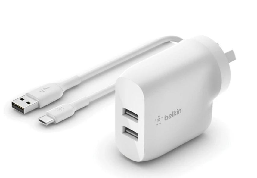 Belkin Dual USB-A Wall Charger 24W Plug Adapter w USB-C Charging Cable White
