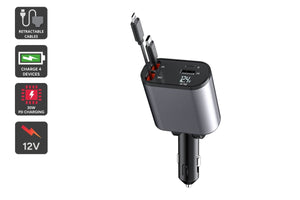 Kogan 4-in-1 Car 30w PD Fast Charger with Retractable USB-C & Lightning Cord