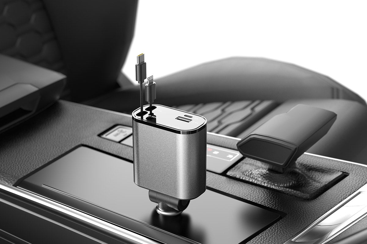 Kogan 4-in-1 Car 30w PD Fast Charger with Retractable USB-C & Lightning Cord