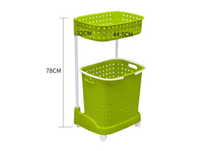 2 Tier Bathroom Laundry Clothes Baskets Bin Hamper Mobile Rack Removable Shelf